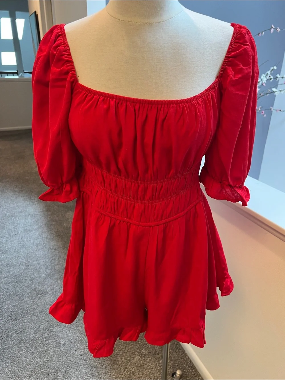 Blue Rain Red Smocked Romper with Puff Sleeves - Picture 1 of 5